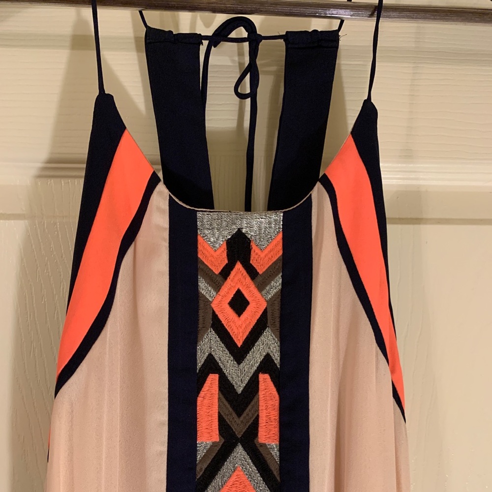 Bright coral and blue maxi dress with halter top